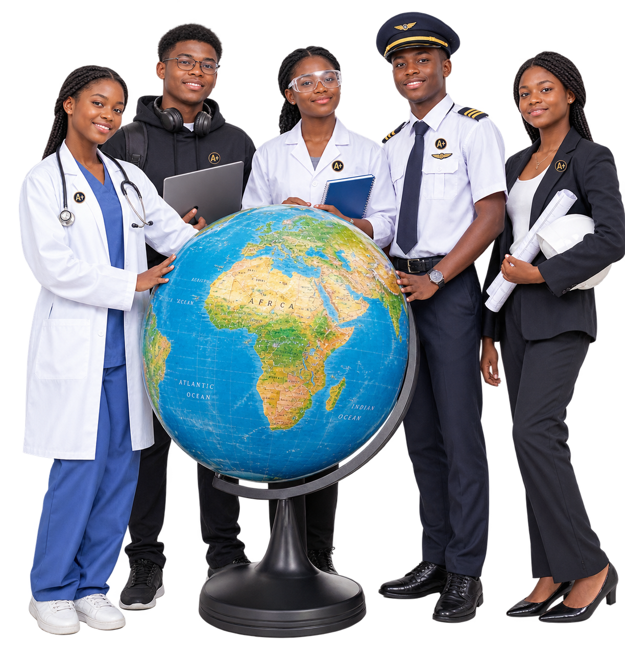Students and professionals standing around a globe of Africa